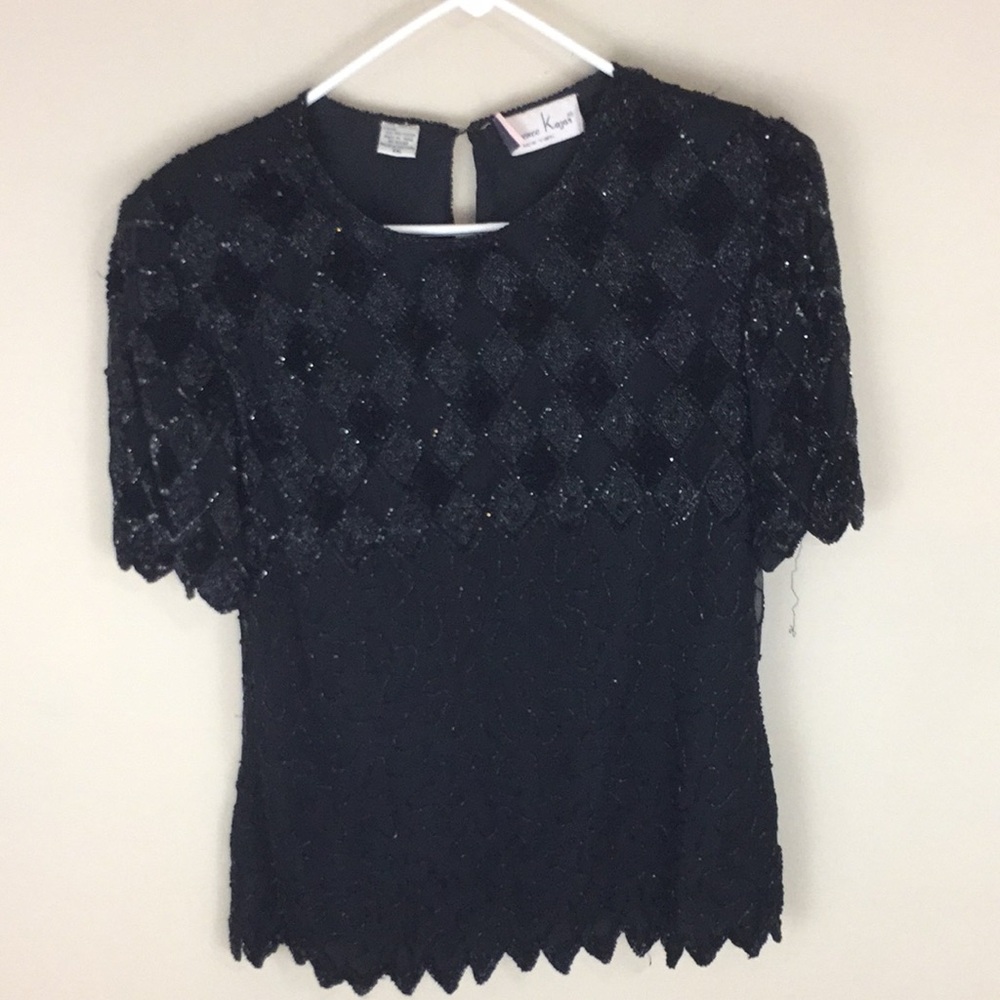Vintage Laurence Kazar Black Silk Beaded Sequins Dressy Evening Top Size XXL